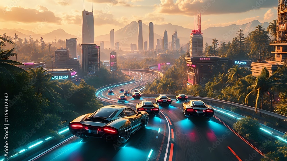 Obraz premium Cyberpunk Cityscape at Dusk with Hovercar Racing