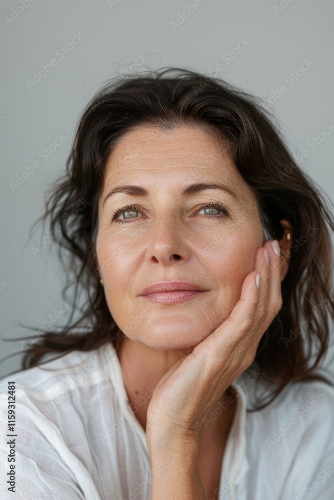 Portrait of a woman with analytical expression, possibly middle age, professional and confident. Portrait of a woman with analytical expression, possibly middle age, professional and confident.