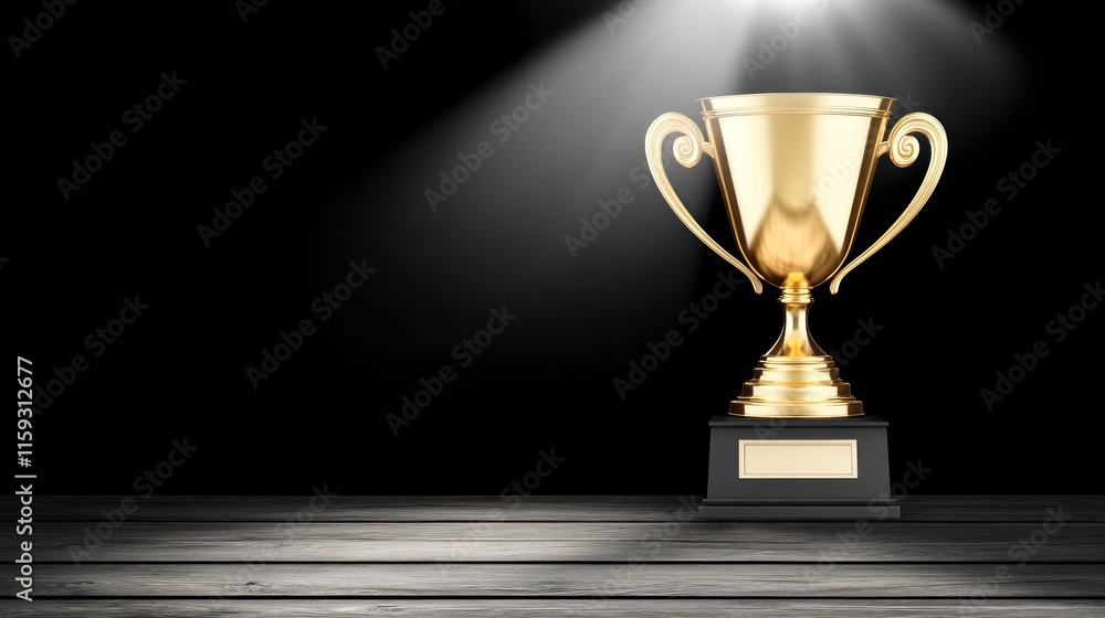 Golden Trophy on Dark Wooden Surface Under Spotlight Golden Trophy on Dark Wooden Surface Under Spotlight