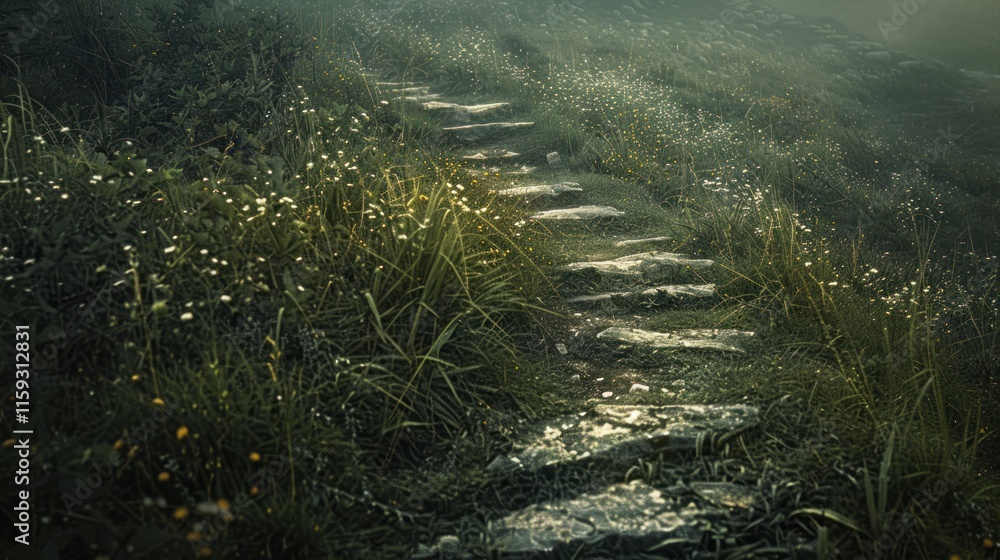 Naklejka premium Stone path through grass and flowers.