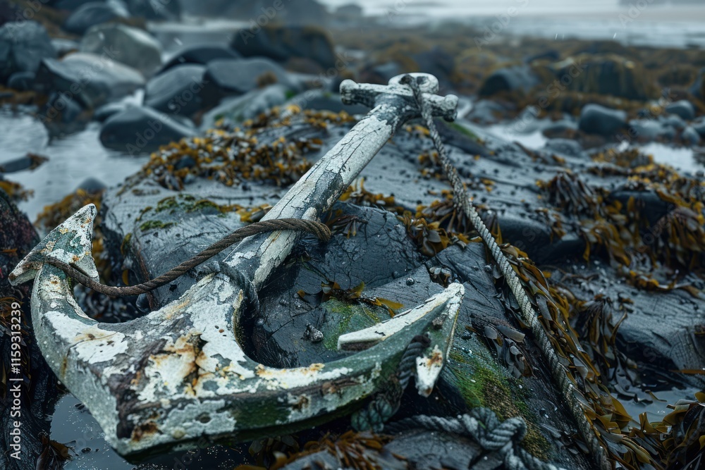 Weathered anchor on rocks near sea. Weathered anchor on rocks near sea.