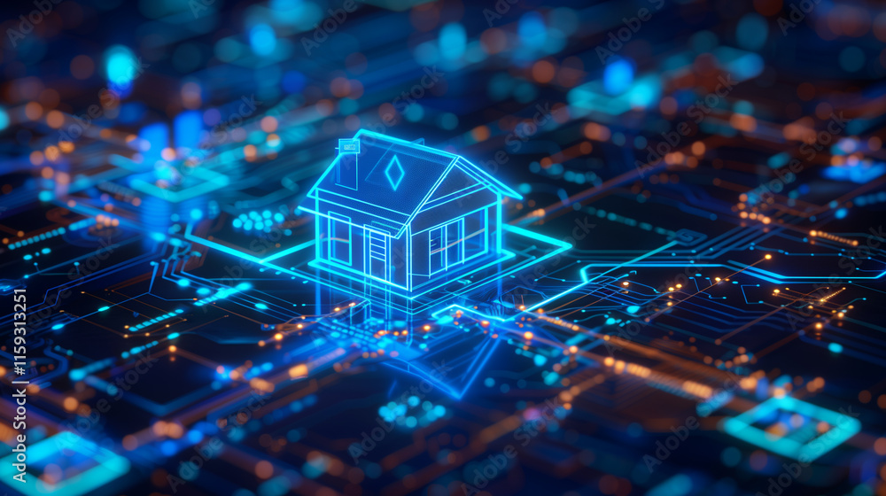 A futuristic smart home concept featuring a glowing neon house icon connected to a digital circuit board A futuristic smart home concept featuring a glowing neon house icon connected to a digital circuit board