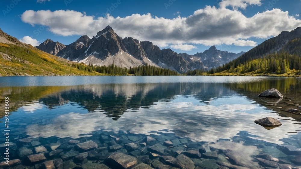 Fototapeta premium Serene Mountain Lake with Flowers