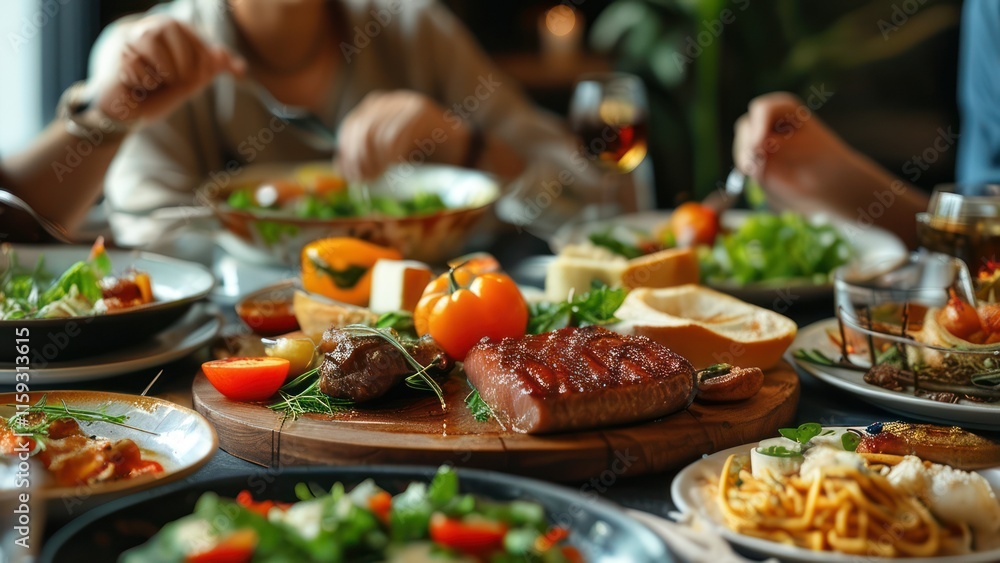 A vibrant dining scene featuring an array of gourmet dishes with fresh ingredients, emphasizing social enjoyment and culinary experience A vibrant dining scene featuring an array of gourmet dishes with fresh ingredients, emphasizing social enjoyment and culinary experience