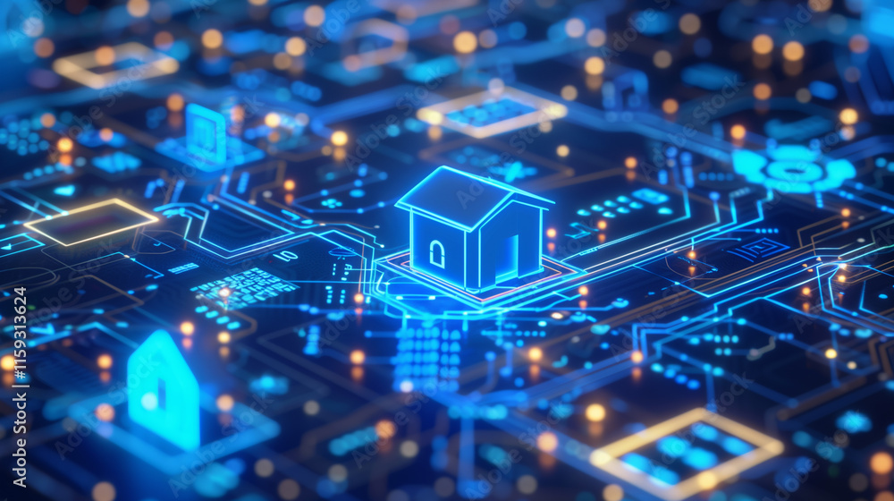 Obraz premium A futuristic smart home concept featuring a glowing neon house icon connected to a digital circuit board