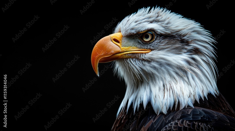 Close-up of a bald eagle's head against a dark backdrop. Close-up of a bald eagle's head against a dark backdrop.
