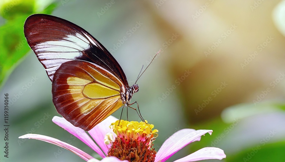 The Transparent-Winged Glasswing Butterfly Perched on a Tropical Flower The Transparent-Winged Glasswing Butterfly Perched on a Tropical Flower