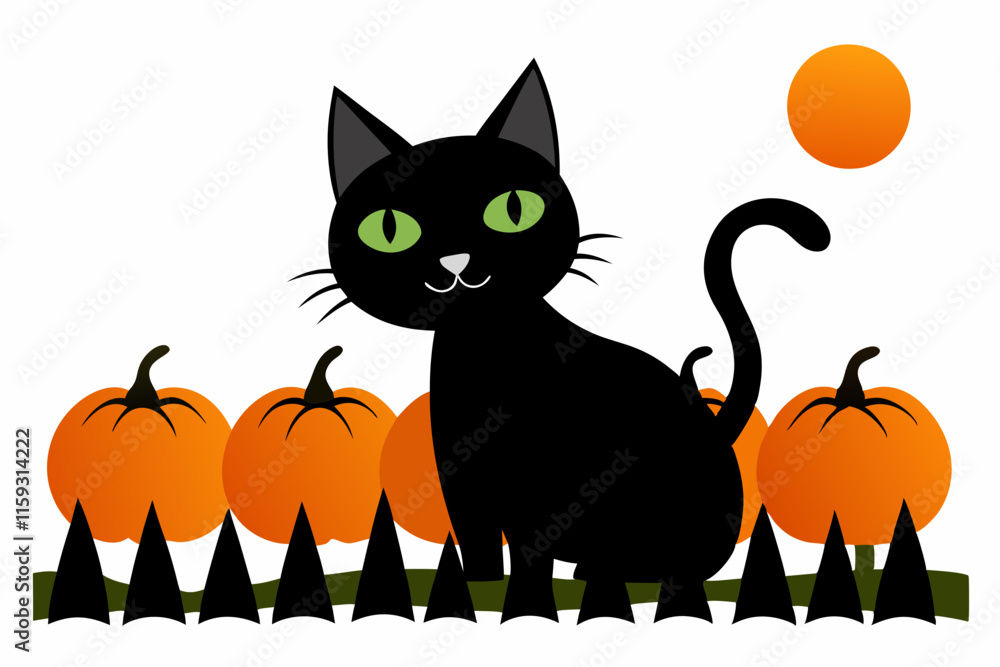 Black Cat Background with Pumpkins on White Background Black Cat Background with Pumpkins on White Background