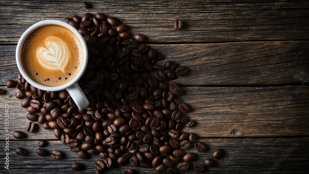 Coffee cup with latte art on wooden table, surrounded by coffee beans, evokes warmth and comfort, ideal for morning rituals or café environments Coffee cup with latte art on wooden table, surrounded by coffee beans, evokes warmth and comfort, ideal for morning rituals or café environments