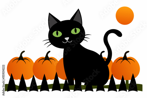 Black Cat Background with Pumpkins on White Background photo