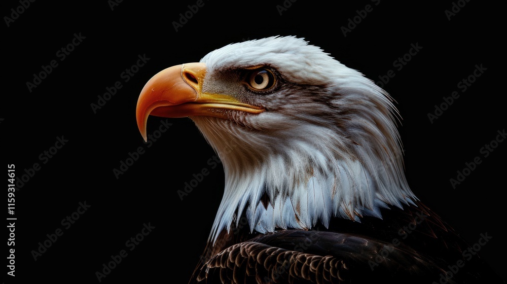 Bald eagle head profile, detailed feathers, sharp beak, intense stare, black background. Bald eagle head profile, detailed feathers, sharp beak, intense stare, black background.