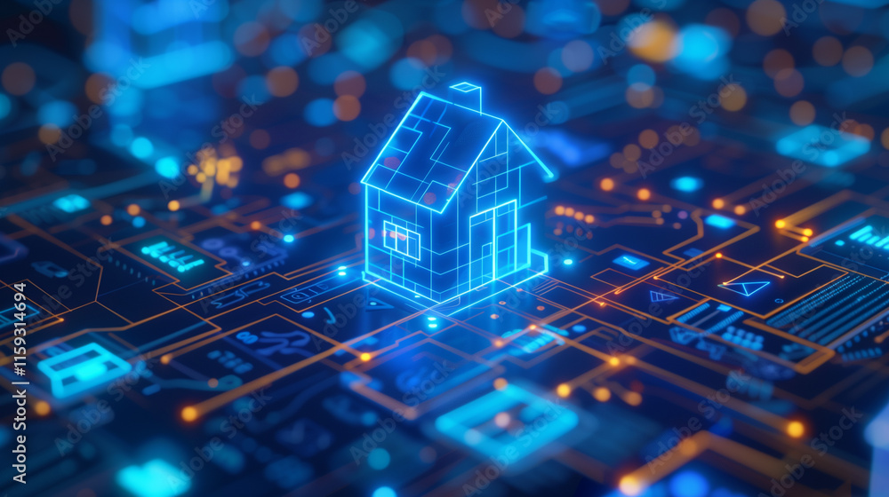 Obraz premium A futuristic smart home concept featuring a glowing neon house icon connected to a digital circuit board