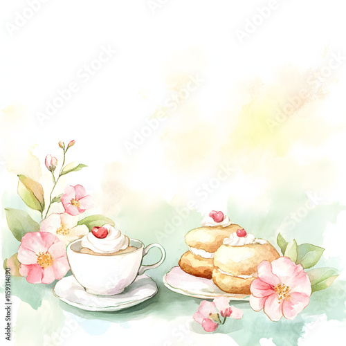 a cute Tea and Scones with Clotted Cream Corner frame of watercolor, with minimal details and a simple illustration. Floristic design elements for floristics, Greeting card, Floral print.