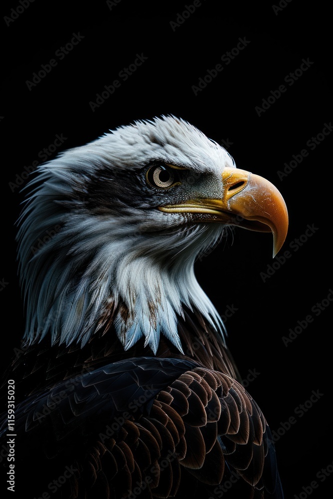 Close up of an eagle, head and shoulder profile, staring with focus, dark background. Close up of an eagle, head and shoulder profile, staring with focus, dark background.