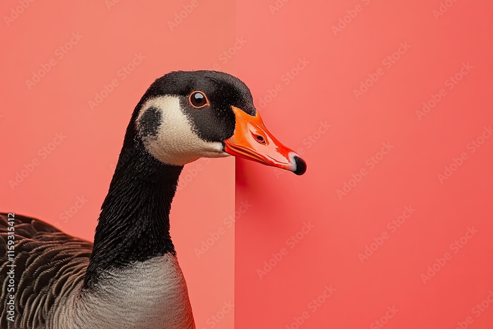 a goose cautiously peeks around the corner on a plain colored background. Copy space. generative AI. a goose cautiously peeks around the corner on a plain colored background. Copy space. generative AI.