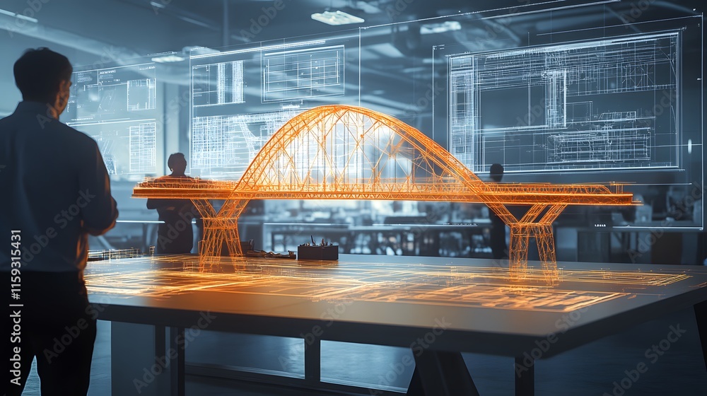 Engineer reviewing holographic bridge design model