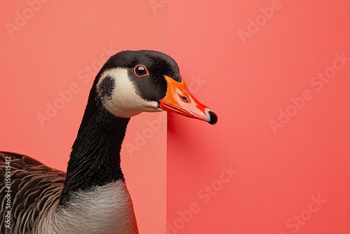 a goose cautiously peeks around the corner on a plain colored background. Copy space. generative AI. photo