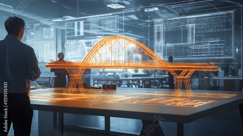 Obraz na płótnie Engineer reviewing holographic bridge design model w salonie