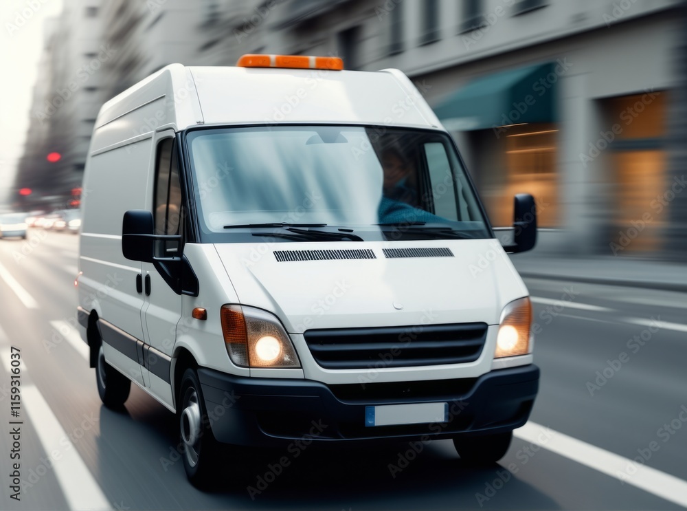 Delivery van navigating through city streets on a busy day in urban environment Delivery van navigating through city streets on a busy day in urban environment