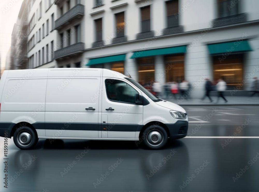 White delivery van speeds through a busy urban street on a cloudy day in the city center White delivery van speeds through a busy urban street on a cloudy day in the city center