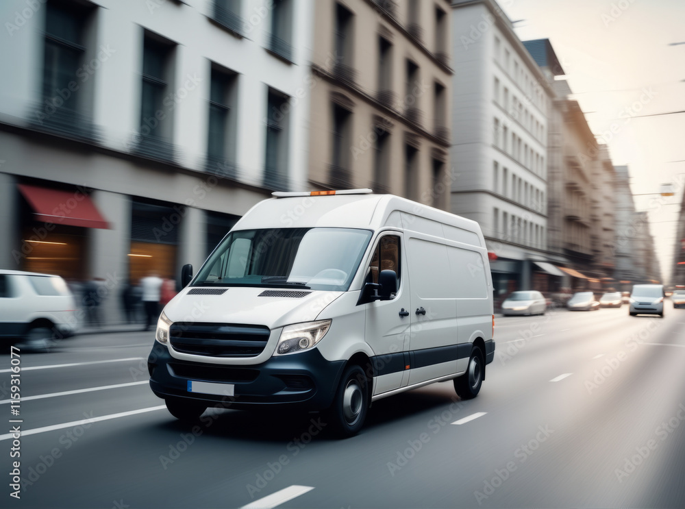 Delivery van navigates busy urban street during early evening hours in city life Delivery van navigates busy urban street during early evening hours in city life