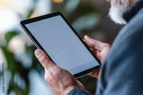 Mockup of a tablet held by an elderly man in a cozy indoor setting, exploring online content during a relaxed moment