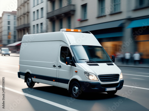 Delivery van drives through city streets during late afternoon rush hour photo