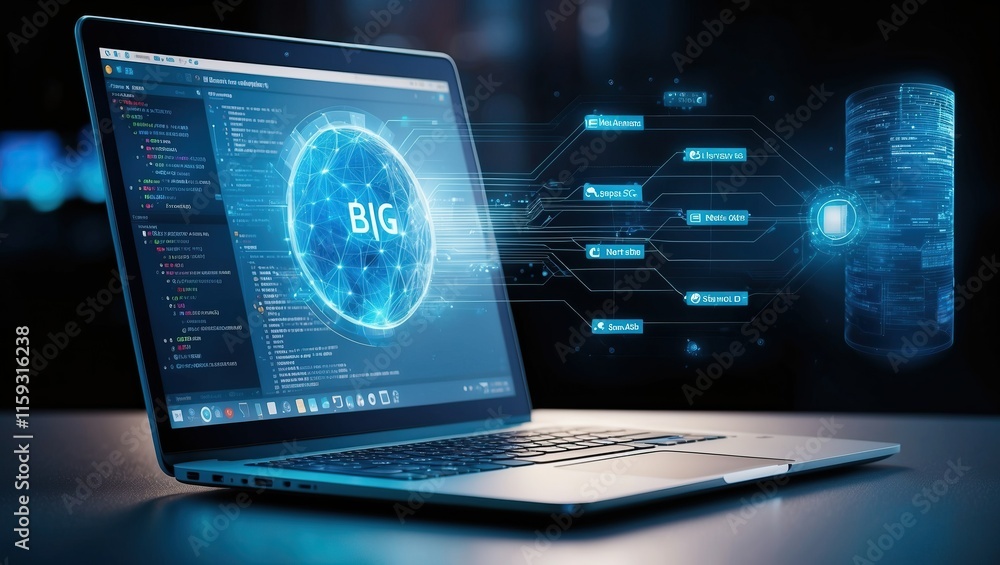 Futuristic laptop showcasing big data analytics with network visualizations Ideal for tech and innovation concepts in digital environments Futuristic laptop showcasing big data analytics with network visualizations Ideal for tech and innovation concepts in digital environments