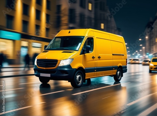 Delivery van navigates through city streets at night with illuminated buildings in the background photo