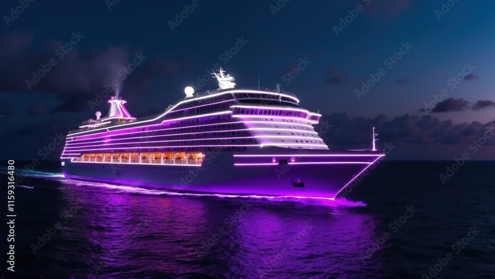 Obraz premium Luxurious cruise ship illuminated with vibrant lights sailing under the night sky perfect for travel or vacation themed concepts and events