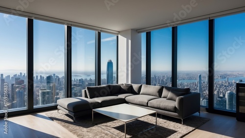 Bright modern apartment with panoramic skyline view, featuring sleek furniture and spacious interior design that exudes luxury and comfort