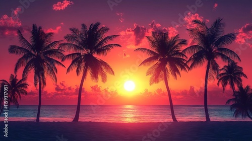 Black palm tree silhouettes against vibrant colorful sunset sky, tropical beach vector banner illustration background for exotic themes and nature designs photo