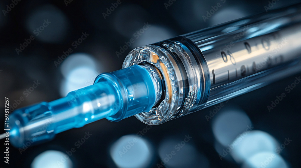 Scroll Syringe A detailed image of a medical syringe featuring a clear barrel and blue ...