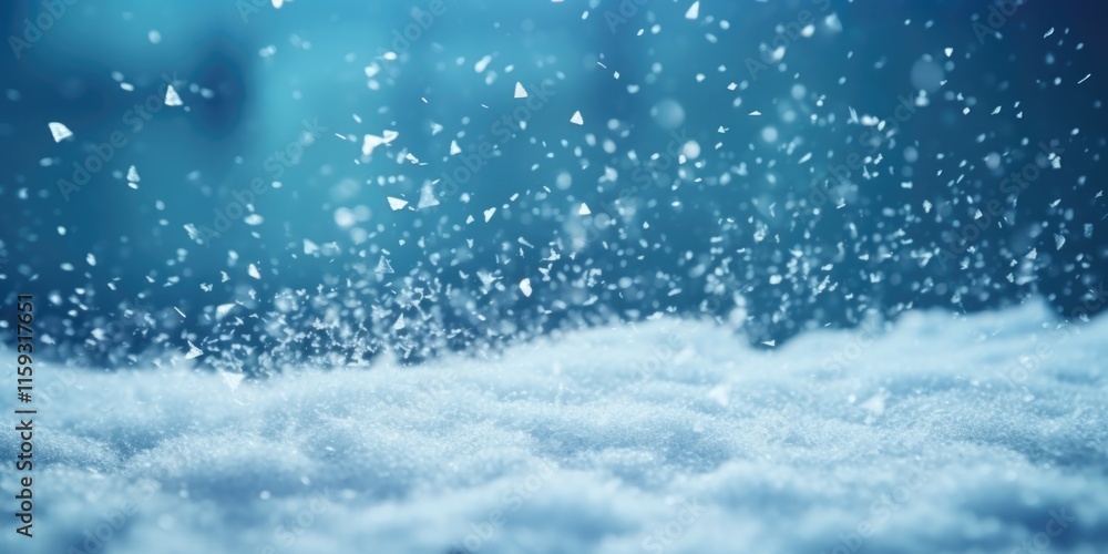 Obraz premium Closeup view of snowflakes falling, creating a magical winter scene with soft textures and an ethereal blue-gray color palette.