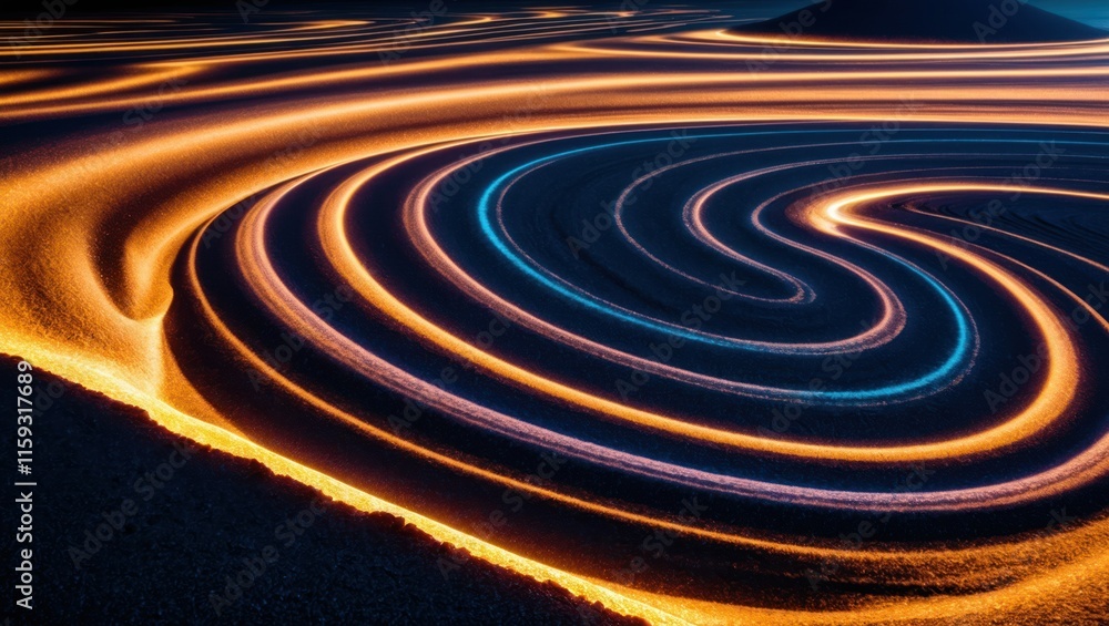 Dynamic patterns of light and sand create a mesmerizing abstract landscape, emphasizing curves and texture under a night sky Dynamic patterns of light and sand create a mesmerizing abstract landscape, emphasizing curves and texture under a night sky