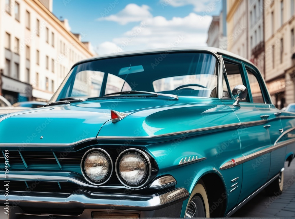 Classic blue car parked on a vibrant city street with historical architecture and clear sky Classic blue car parked on a vibrant city street with historical architecture and clear sky