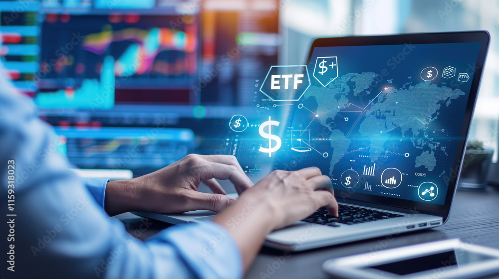 Hands Typing on Laptop with Futuristic Financial Interface and ETF Concept Hands Typing on Laptop with Futuristic Financial Interface and ETF Concept