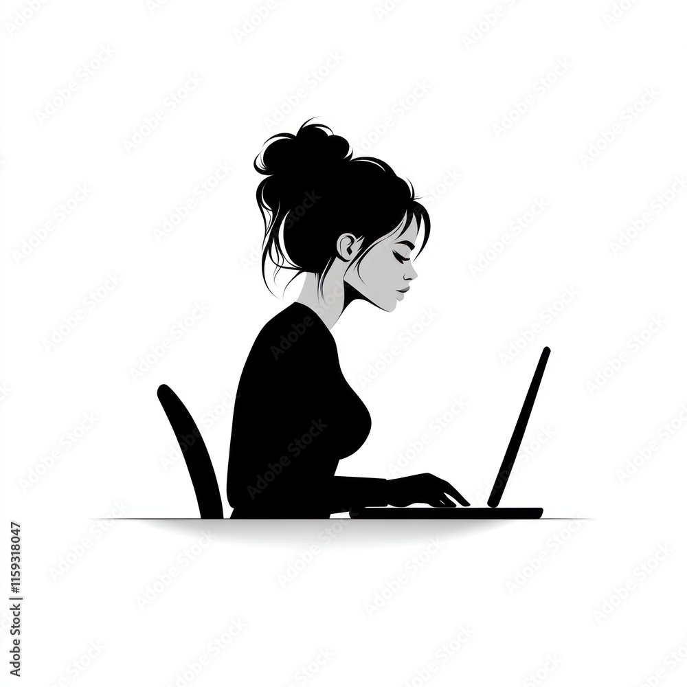 Silhouette of woman working on laptop. Silhouette of woman working on laptop.