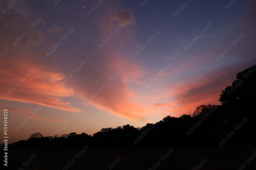 The picture depicts a sunset of a bright pink colour with many clouds. The picture depicts a sunset of a bright pink colour with many clouds.