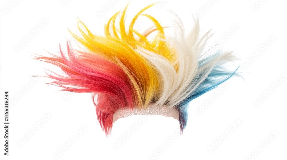 Naklejka premium Vibrant Colorful Wig with Bold Red, Yellow, Blue, and White Strands Perfect for Costume Parties, Themed Events, and Halloween Celebrations for a Playful Look