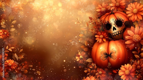 A festive autumn background with a sugar skull pumpkin, leaves, and flowers. photo