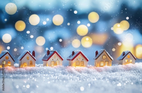 Colorful Miniature Houses Illuminated in the Snow During a Winter Evening Celebration With Soft Bokeh Lights in the Background