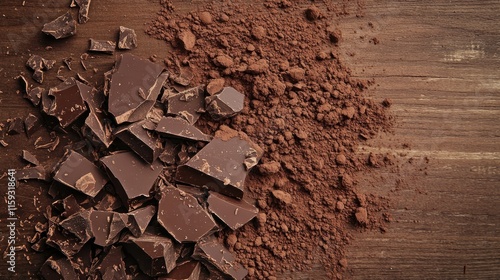 Close-up of broken dark chocolate pieces and cocoa powder on a wooden surface.