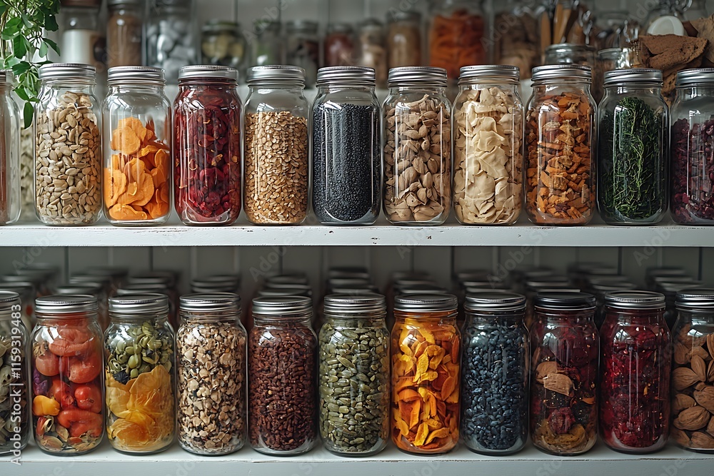 Organized pantry with numerous mason jars filled with dried fruits, seeds, and grains. Organized pantry with numerous mason jars filled with dried fruits, seeds, and grains.