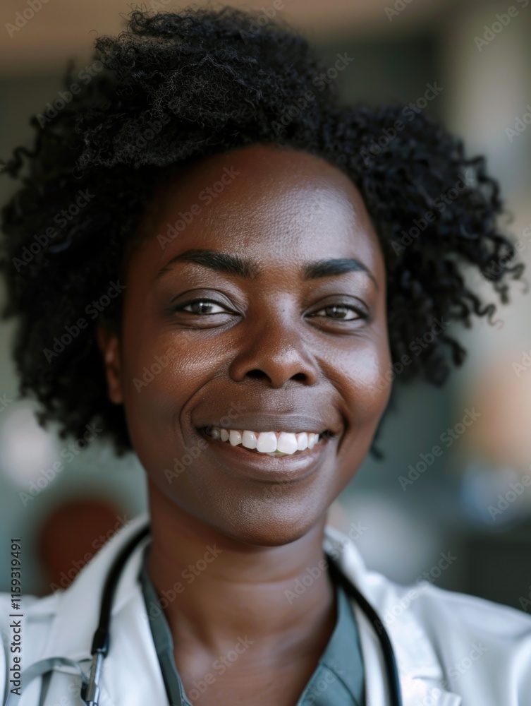 African American doctor in lab coat with radiant smile.