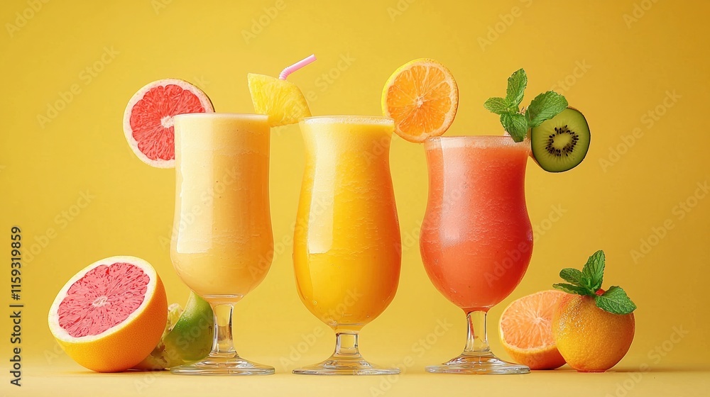 Refreshing summer fruit smoothies in vibrant glasses on a bright yellow background Refreshing summer fruit smoothies in vibrant glasses on a bright yellow background