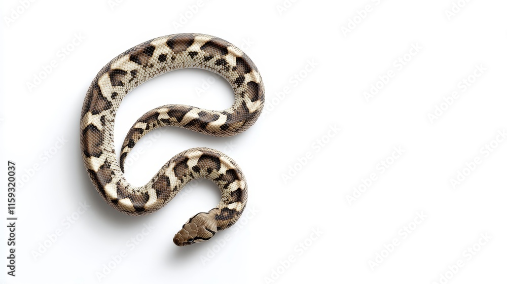 Detailed Close-Up of a Strikingly Patterned Snake on a White Background, Highlighting Its Unique Coloration and Intricate Scales in Natural Light Detailed Close-Up of a Strikingly Patterned Snake on a White Background, Highlighting Its Unique Coloration and Intricate Scales in Natural Light