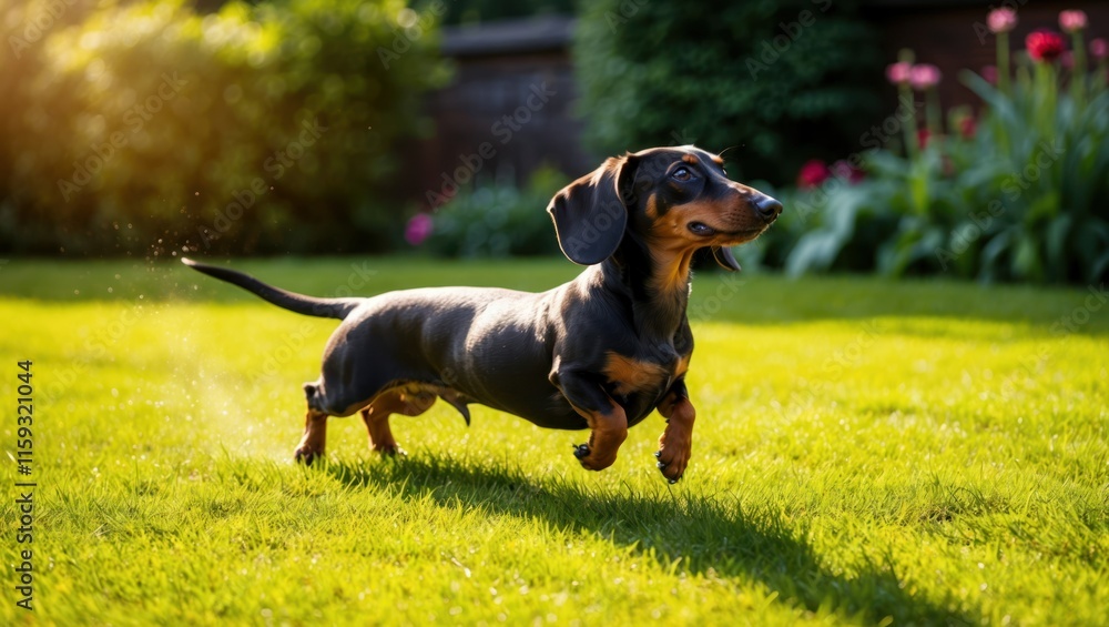 Dachshund running joyfully across green grass in a bright garden Perfect representation of a playful and happy pet enjoying outdoor moments Dachshund running joyfully across green grass in a bright garden Perfect representation of a playful and happy pet enjoying outdoor moments