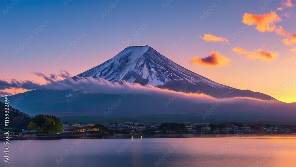 Stunning view of Mount Fuji during sunset, reflected in calm lake waters, creating a serene and picturesque landscape in Japan Stunning view of Mount Fuji during sunset, reflected in calm lake waters, creating a serene and picturesque landscape in Japan