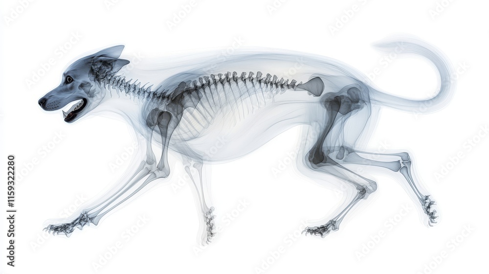 Transparent x-ray illustration of a running dog showcasing its bones and skeletal structure against a white background, emphasizing anatomy and biology education Transparent x-ray illustration of a running dog showcasing its bones and skeletal structure against a white background, emphasizing anatomy and biology education